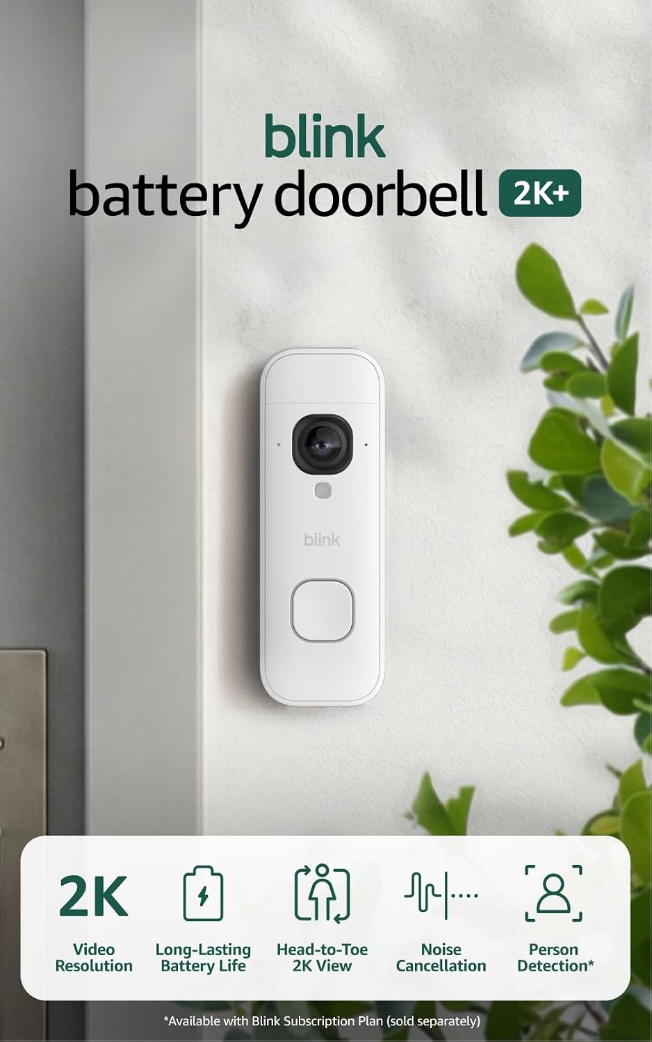 image:imageBlink Battery Doorbell 2K newest model with Basic Annual Plan Wireless video doorbell 2K video resolution enhanced audio Sync Module Core included System White