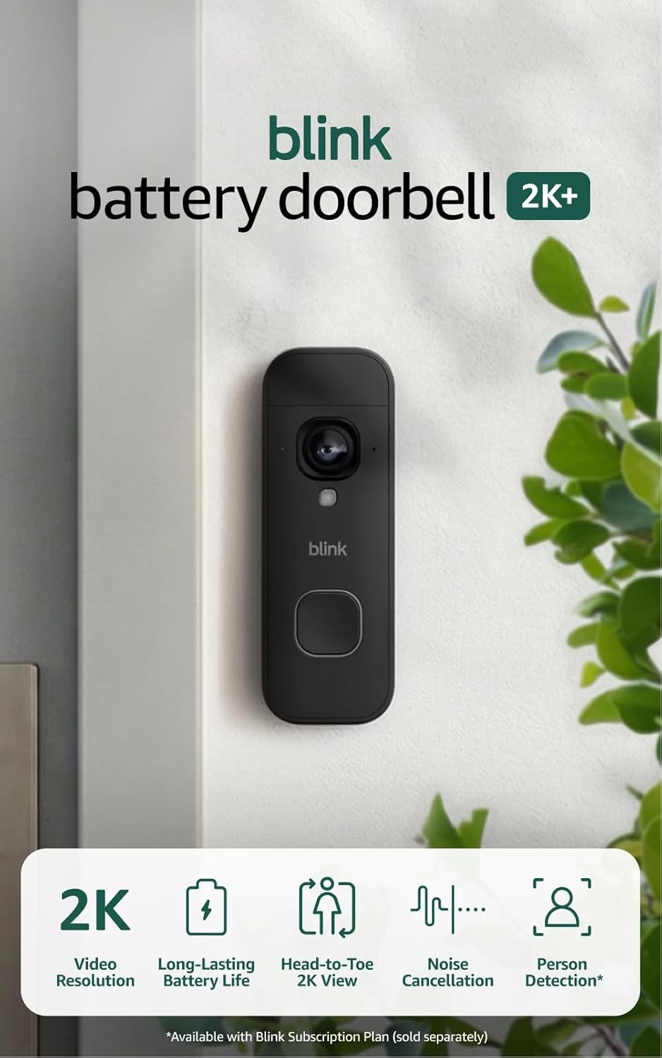 image:imageBlink Battery Doorbell 2K newest model with Basic Annual Plan Wireless video doorbell 2K video resolution enhanced audio Sync Module Core included System Black