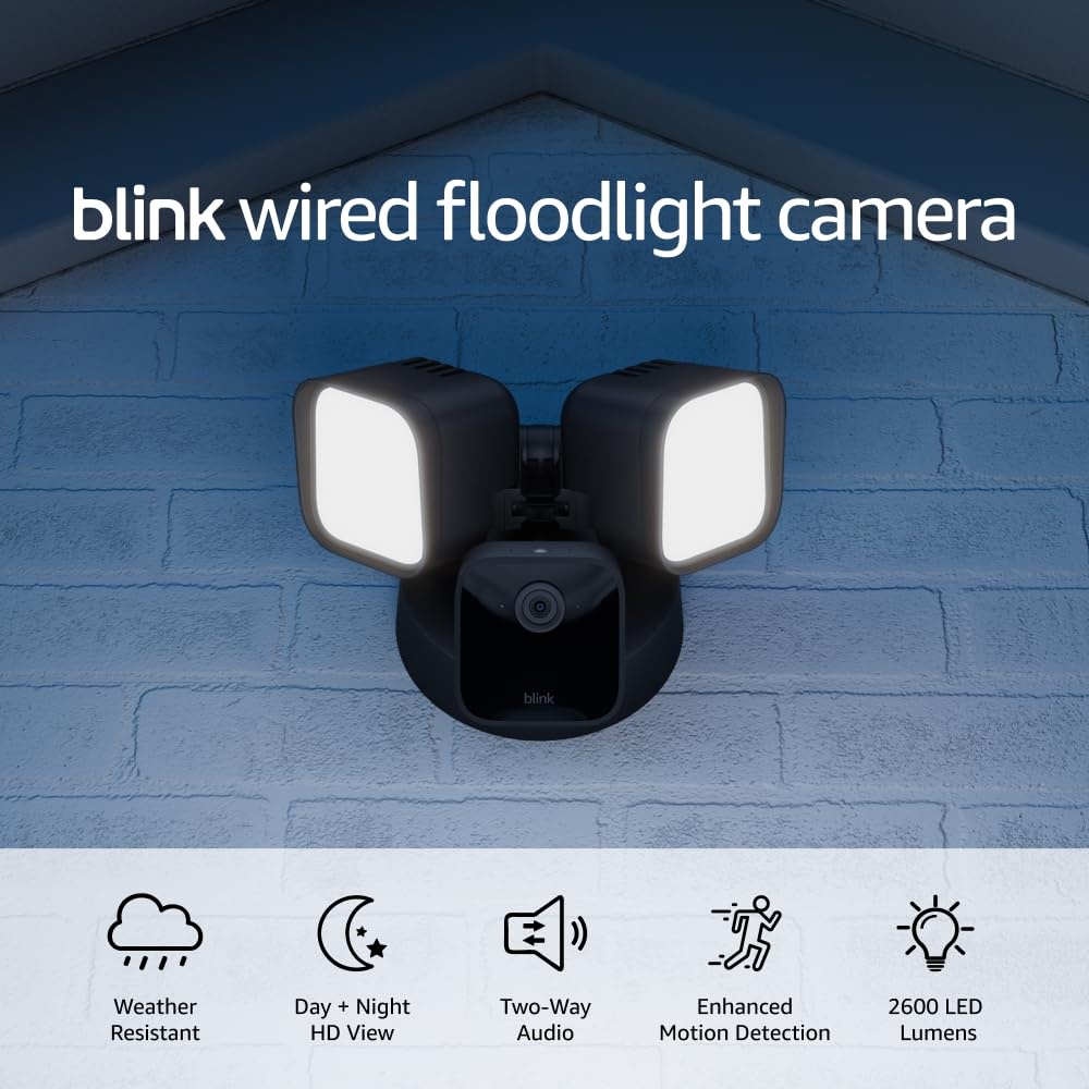 image:imageBlink Wired Floodlight Camera With 1Year Plus plan Smart security camera 2600 lumens HD live view person detection builtin siren Works with Alexa 1 camera BlackBlack