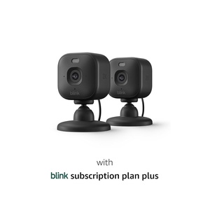 Blink Mini 2K+ (newest model) with 1-Year Plus plan – Plug-in Home & Pet Security Camera with 2K video resolution, smart motion detection, works with Alexa – 2 camera (Black)