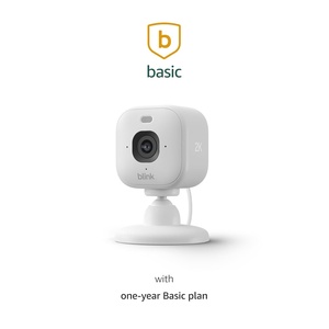 Blink Mini 2K+ (newest model) with Basic Annual Plan – Plug-in Home & Pet Security Camera with 2K video resolution, smart motion detection, works with Alexa – 1 camera (White)