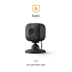Blink Mini 2K+ (newest model) with Basic Annual Plan – Plug-in Home & Pet Security Camera with 2K video resolution, smart motion detection, works with Alexa – 1 camera (Black)