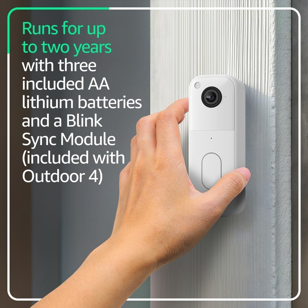 image:imageBlink Video Doorbell Outdoor 4 Wireless smart security cameras headtotoe HD view twoyear battery life Sync Module Core included 2 camera system Video Doorbell